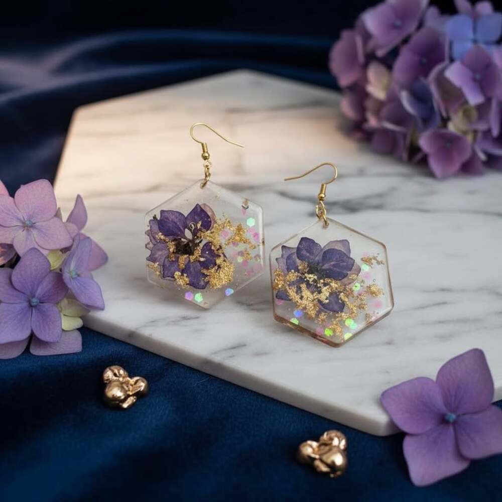 Handmade Purple Flower Resin Earrings | Hexagon Gold Leaf Botanical Jewelry